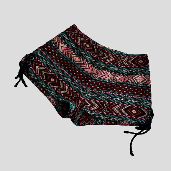 Urban Outfitters Ecote Multicolored Boho High Waist Shorts Lace Up Sides Size 2 - Picture 1 of 10